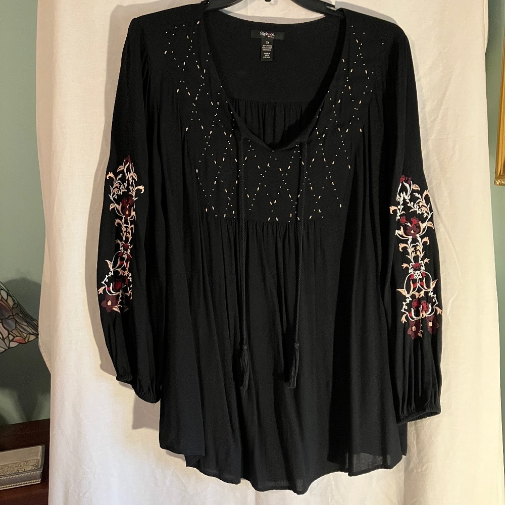 Black peasant blouse with gold beaded yoke, tassels and embroidered sleeves
